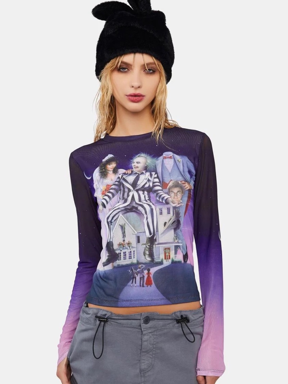 Dolls Kill x Beetlejuice Purple Ombre Mesh Long-Sleeve Top